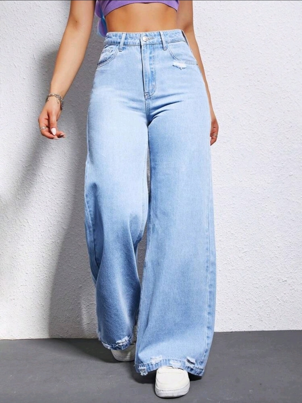High-Rise Ripped Wide-Leg Light Blue Jeans